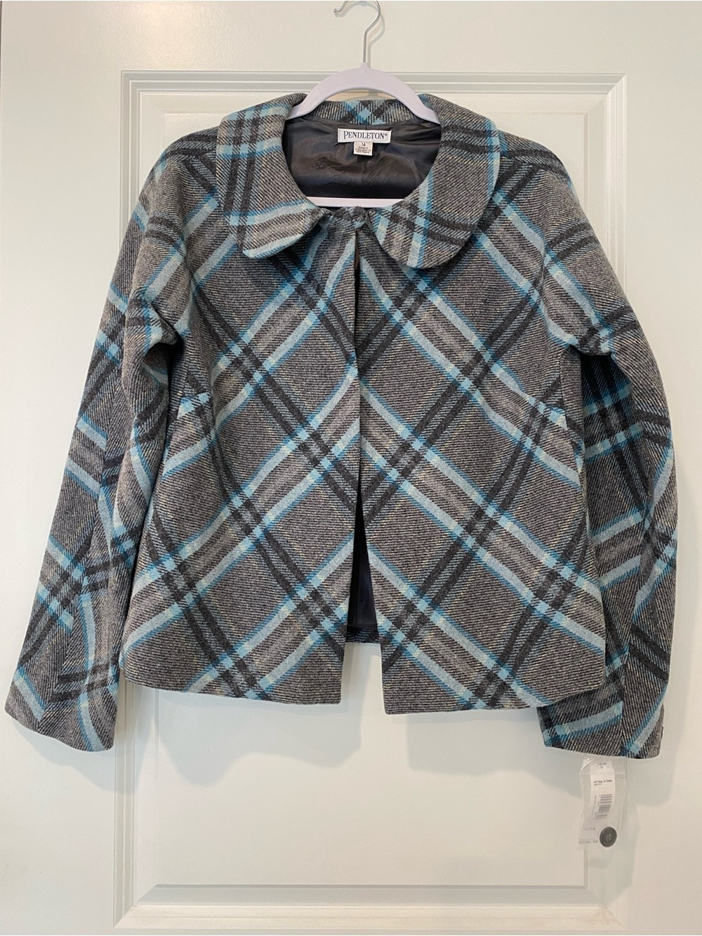 Pendleton Plaid Wool Blend Jacket Size 14 NWT Gray Blue Swing Peacoat